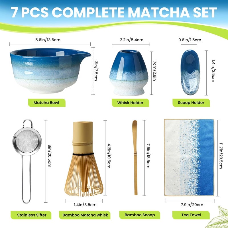 GBBG Matcha Whisk Set, Ceramic Matcha Kit Desert Style, Matcha Whisk and Bowl, Bamboo Scoop and Rest, Sifter and Tea Towel, 7 Pcs Gifts for Matcha Lover (Blue) - Image 5
